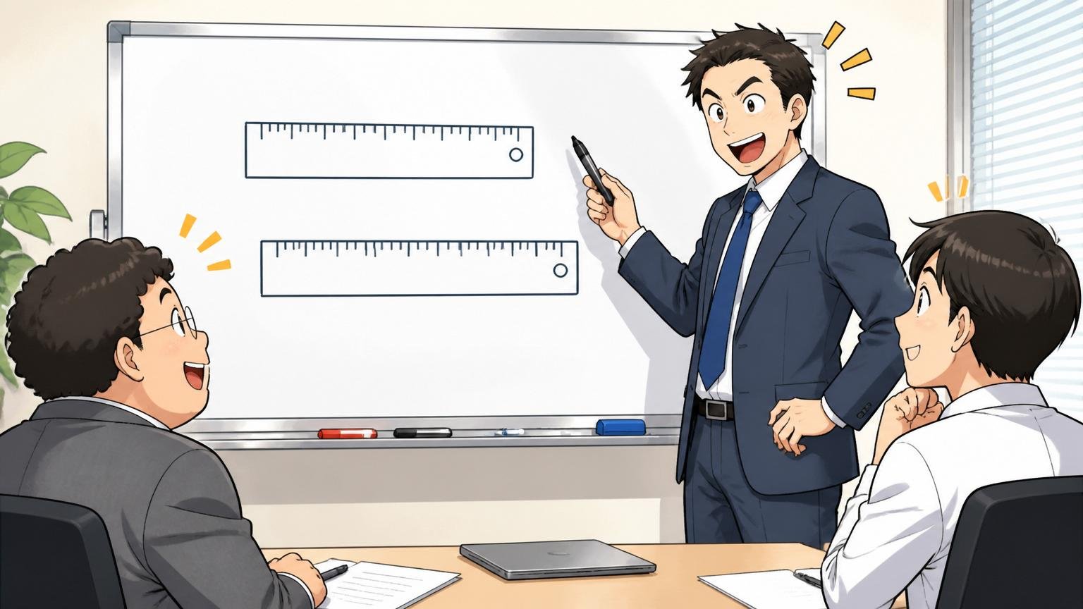 企業の会議室でホワイトボードに2つの物差しの図を描いて説明するメンター風の男性とうなずく社員2人