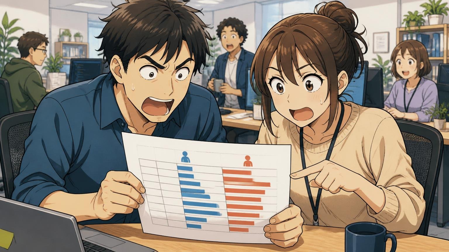 同年代の社内平均と自分を並べてみる Web系オフィスで同僚と年収表を見比べる20代後半の男女エンジニア2人