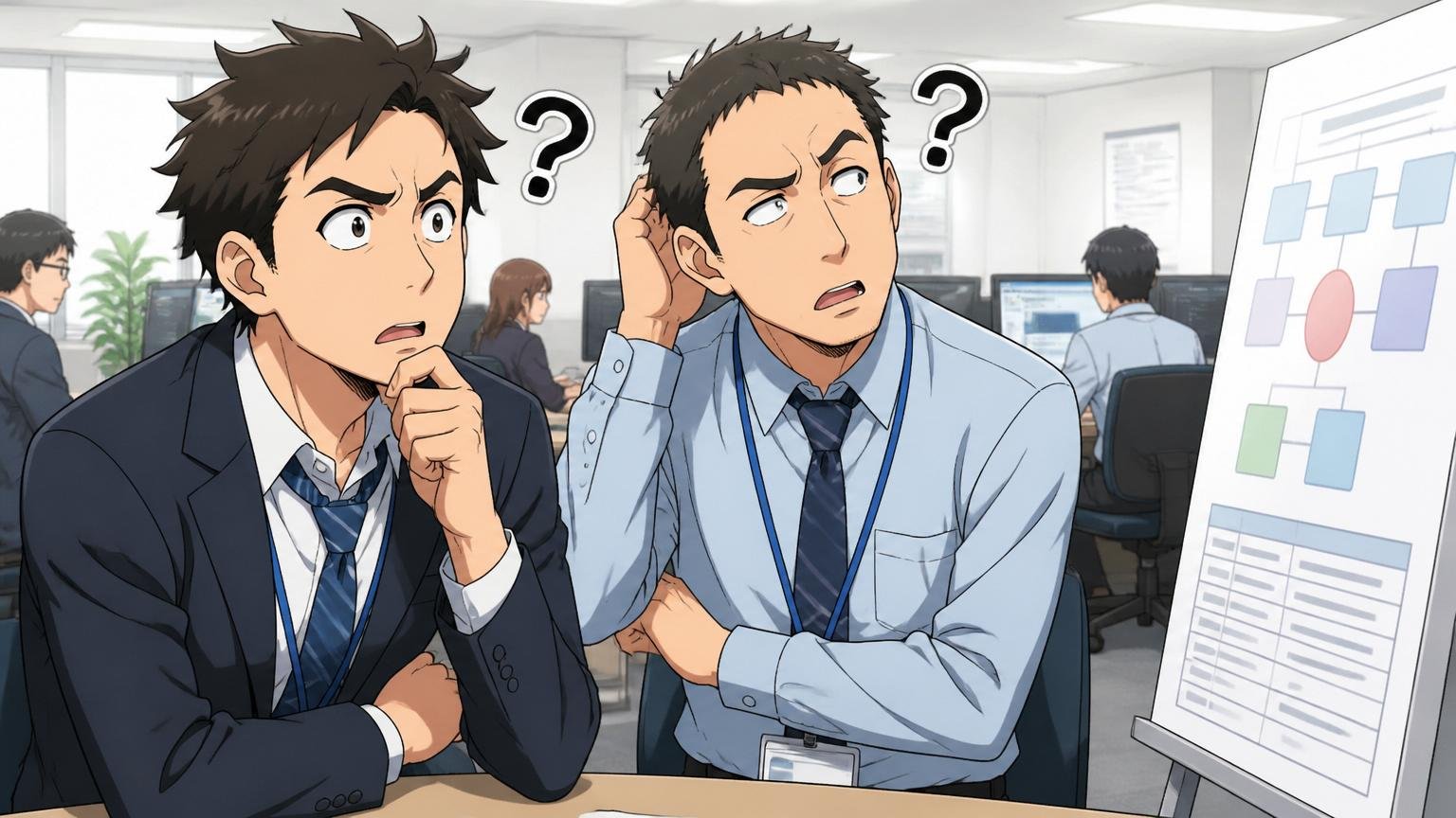 不透明な人事評価に不信感を持つ。SIerのオフィスで男性社員2人が評価制度の説明に首をかしげる表情