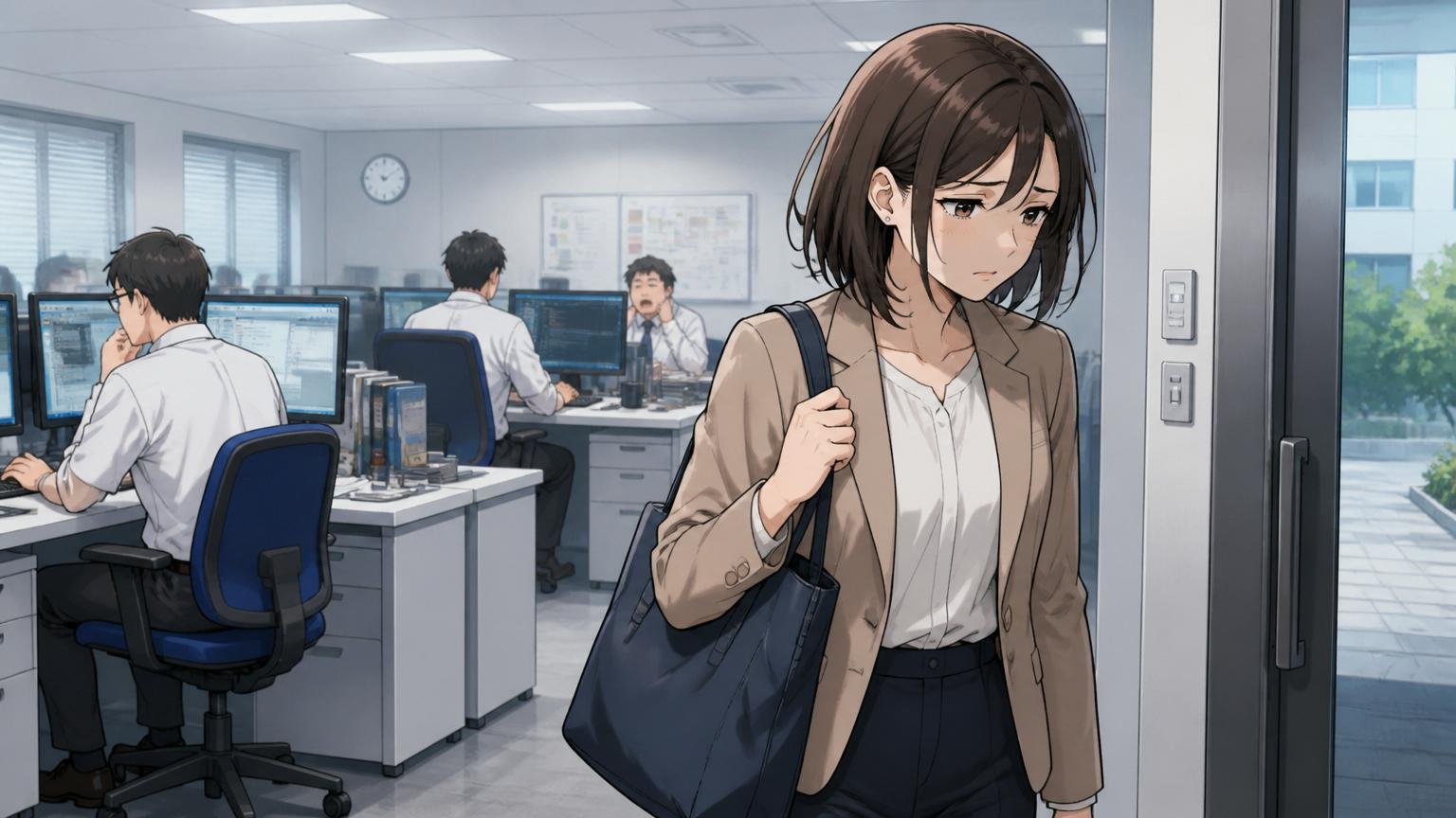 残業減で手取り低下。SIerのオフィスで定時退社しつつ浮かない表情の30代女性1人