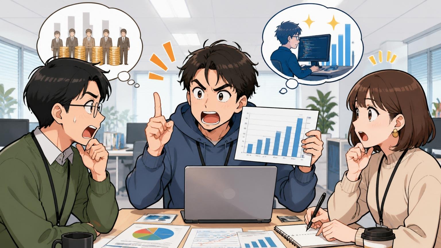 会社全体の平均とエンジニア職の年収は別物。IT企業のオフィスで男女3人の社員が職種別の違いを話し合う