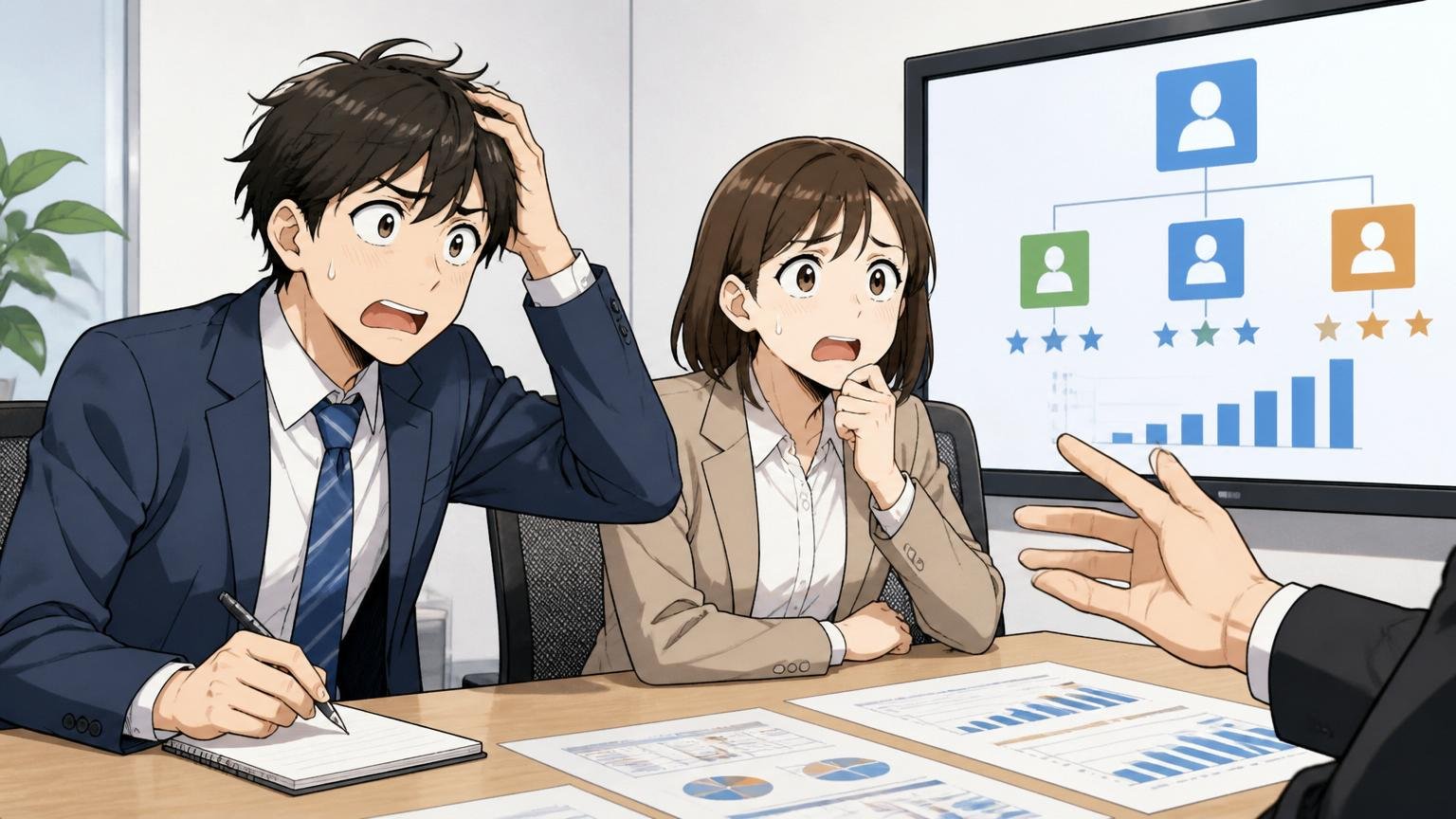 実力主義に変わっても若手の年収はすぐ上がらない 会議室で評価制度の説明に戸惑う男女2人