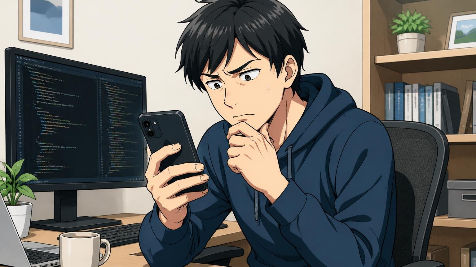 口コミサイトの体感年収｜在宅のデスクでスマホの口コミを見て眉をひそめるエンジニア1人