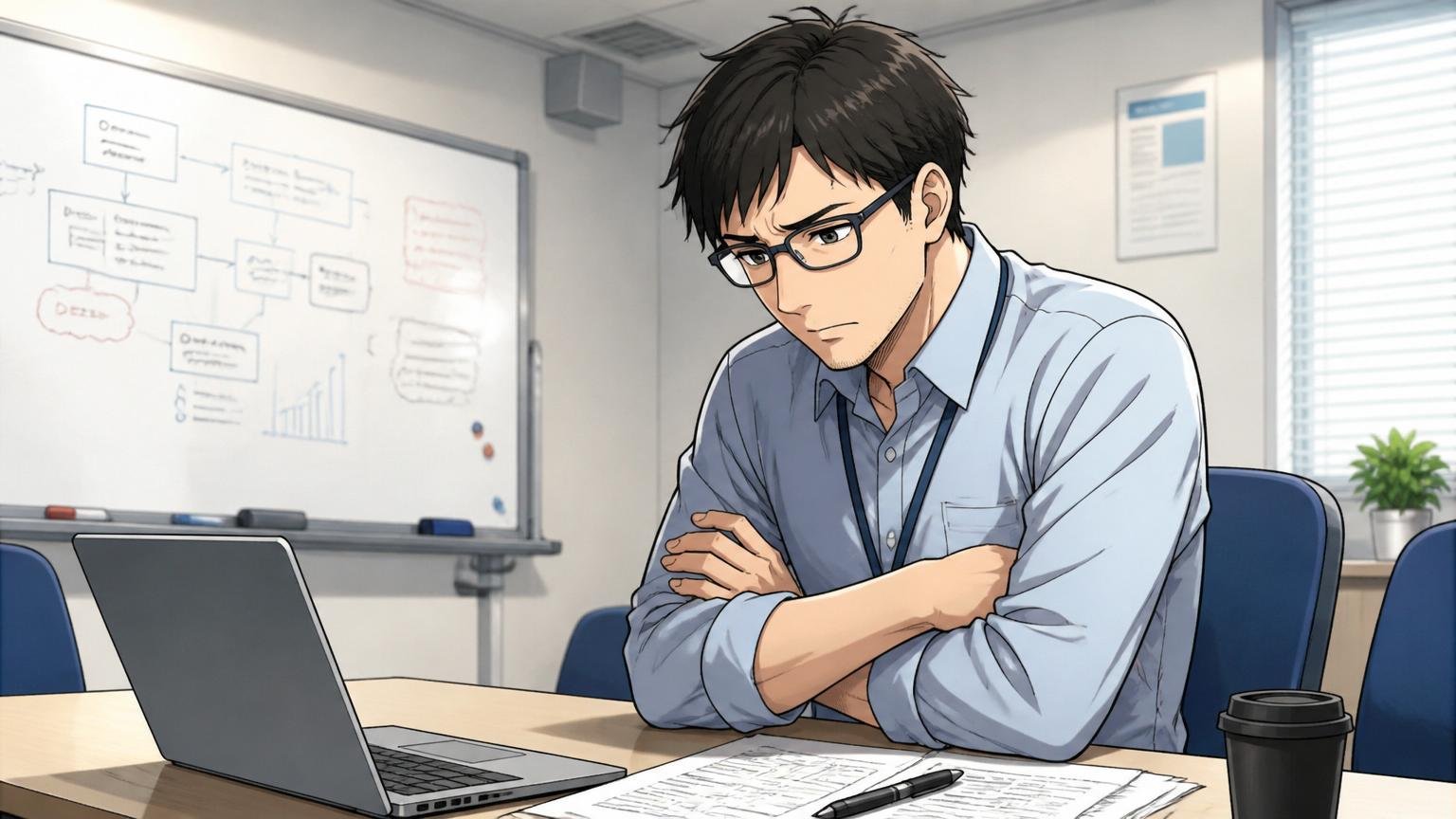 極端に低くないが上がりにくいのは本当。SIerの会議室で腕を組み考え込む30代男性エンジニア1人