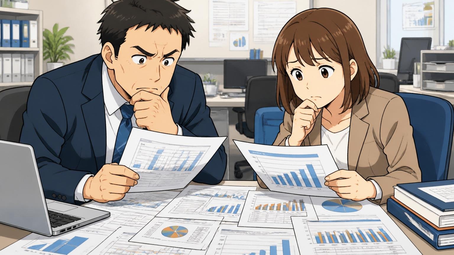 理由3比較対象の物差し何と比べるかで結論は変わる オフィスで複数の年収データを見比べる社員2人 考え込む表情