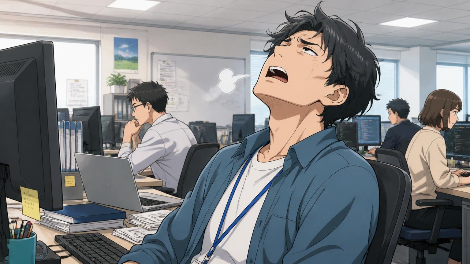大手SIerやハイクラスと比べるとはっきり低い。オフィスで男性エンジニアが天井を仰いでため息