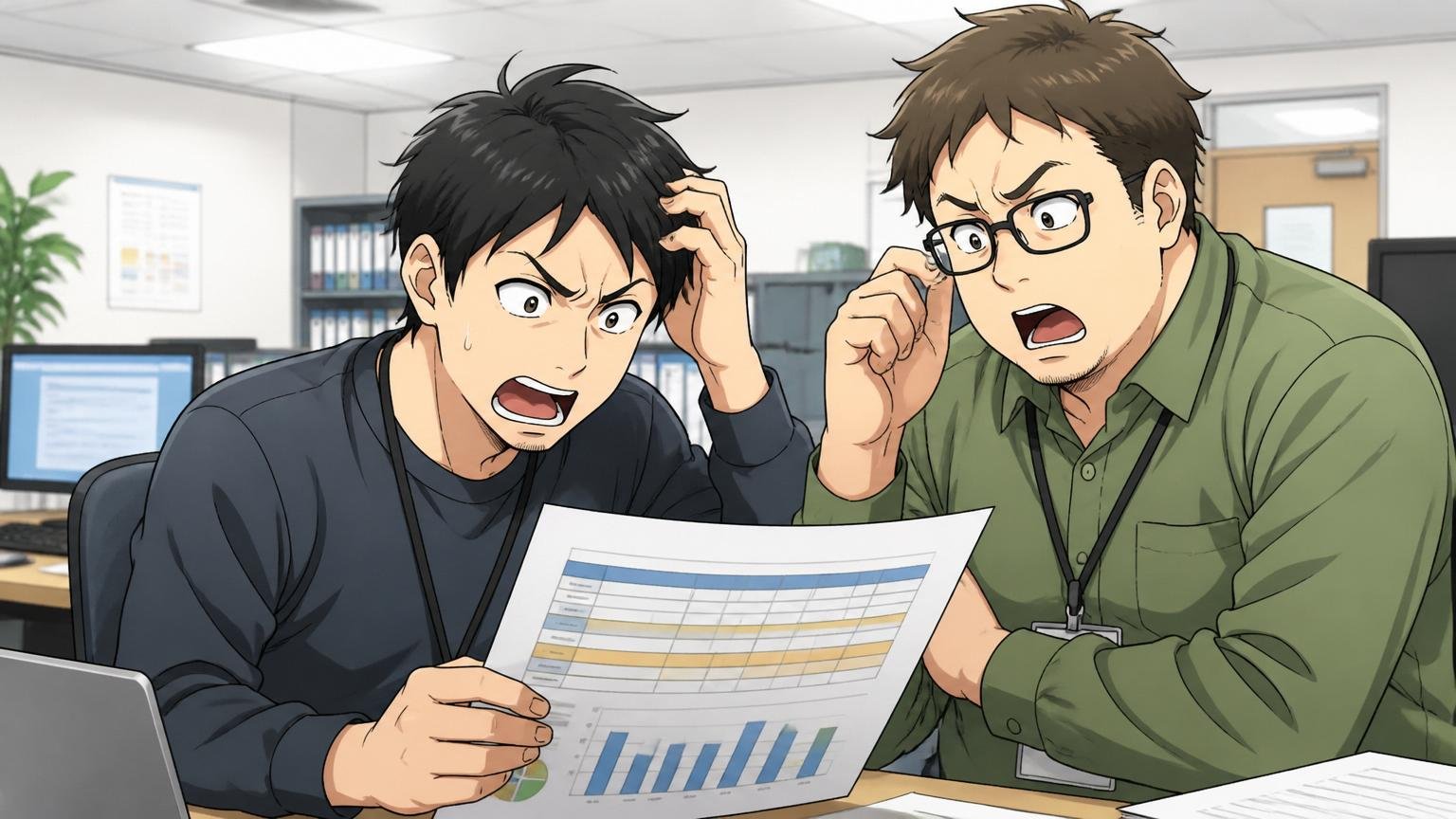 ヤマト運輸物流基準の給与制度がベースにある、企業のオフィスで給与制度の説明資料を見て納得いかない表情のIT社員2人