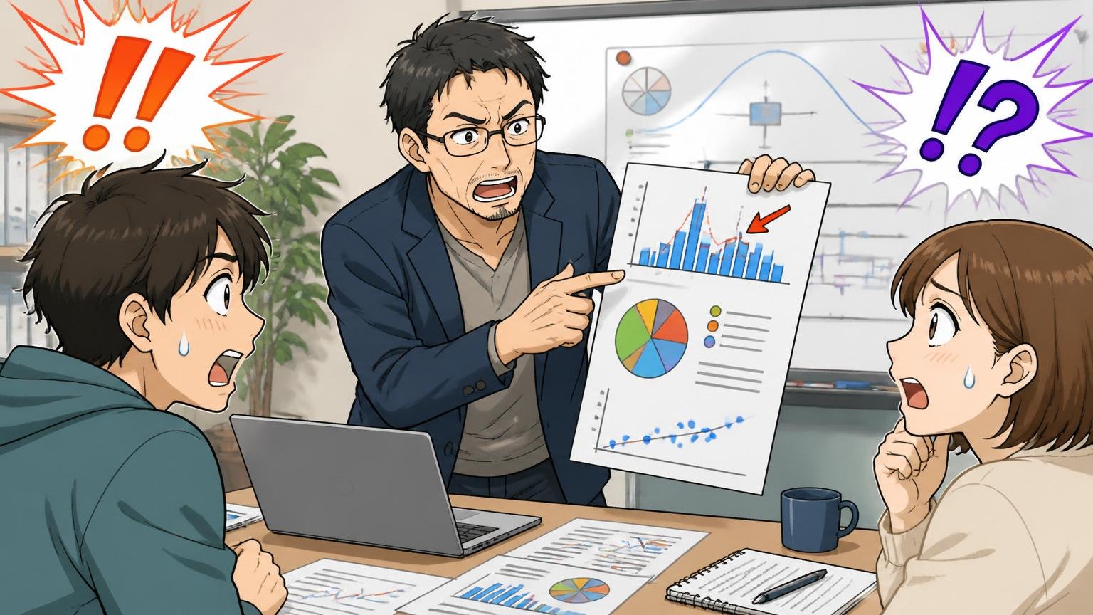 平均年収の数字に振り回されてはいけない理由。オフィスで40代男性エンジニアが若手2人に資料で説明する