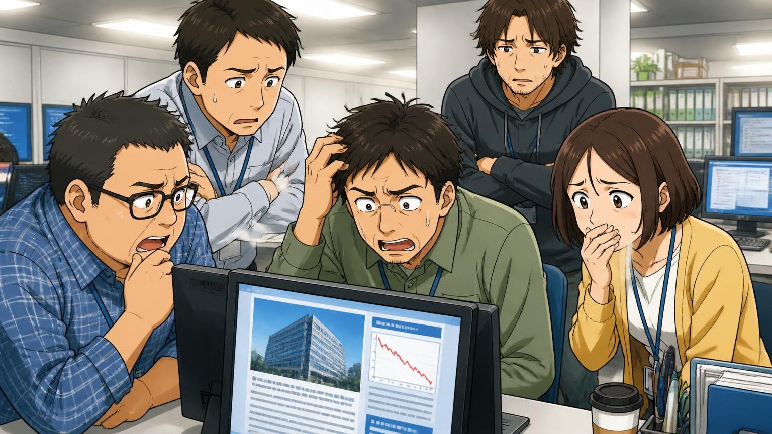 過去の事業再生による将来不安。オフィスで複数のIT社員が経営ニュースを見て不安げに話し込む