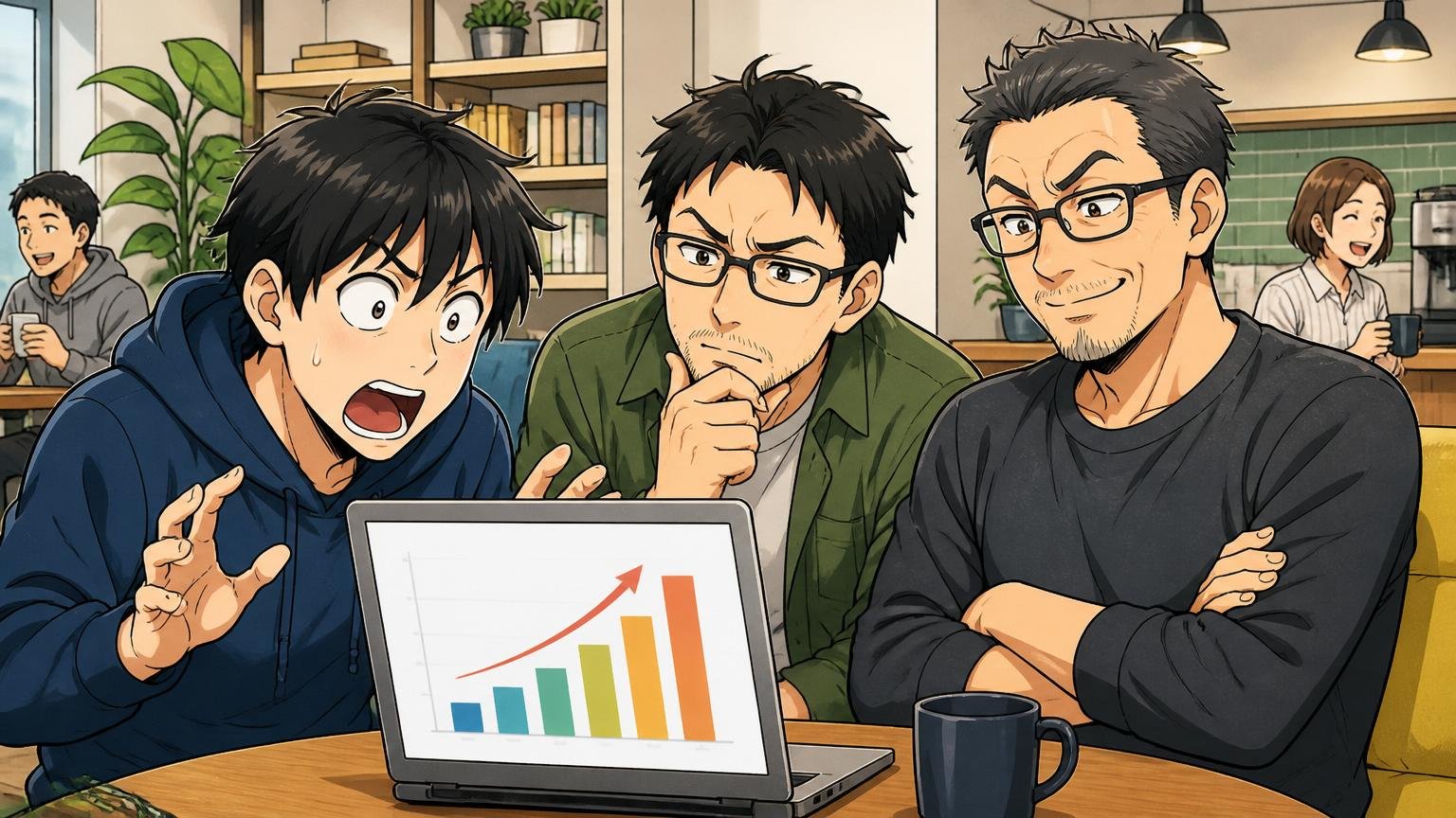 Web系オフィスの休憩スペースで年代別年収の表を見て驚く20代と納得顔の40代エンジニア3人