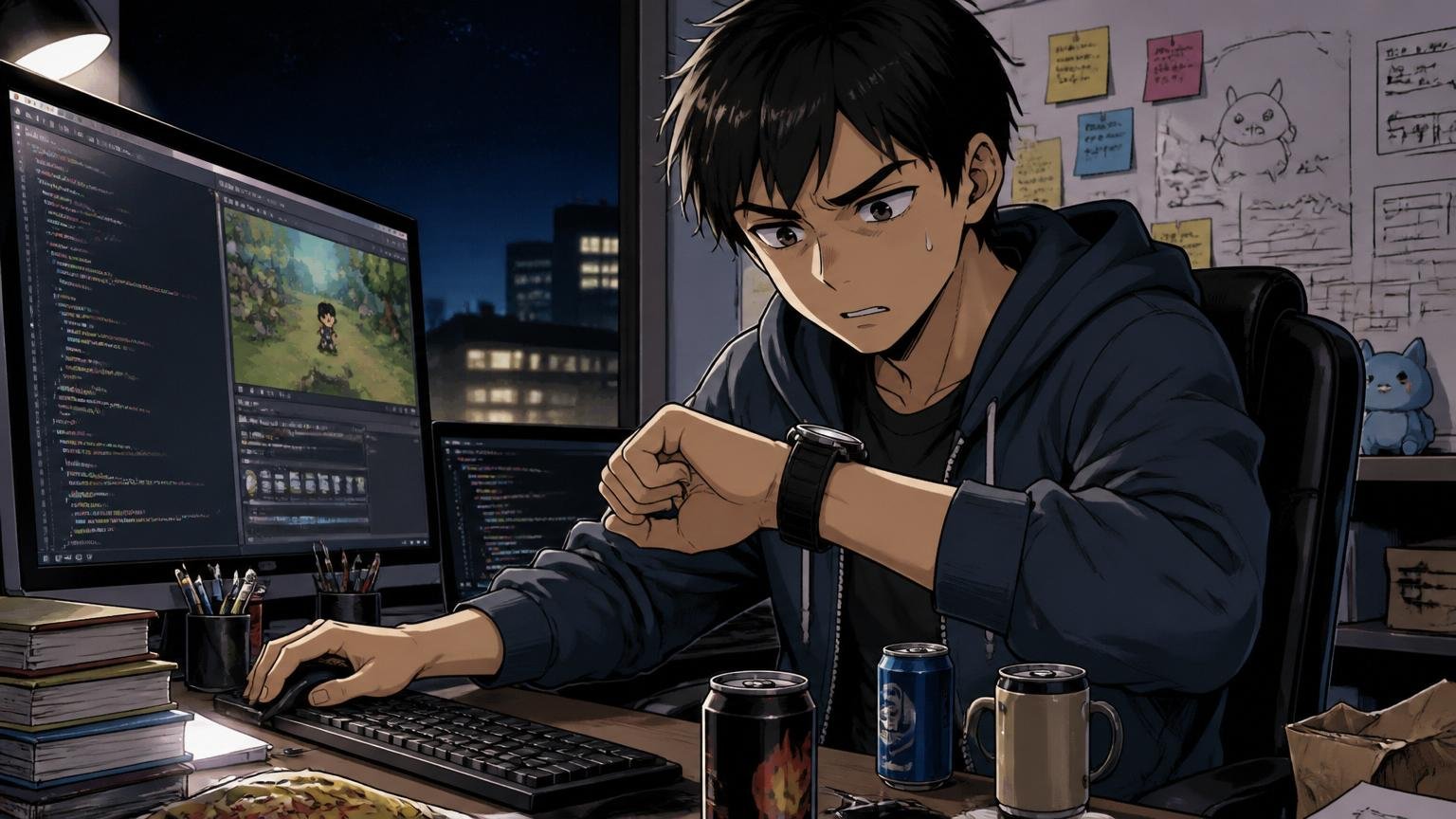 時間あたりの待遇で見るとシビアになる。深夜のゲーム開発現場で時計を見ながら残業する男性エンジニア1人