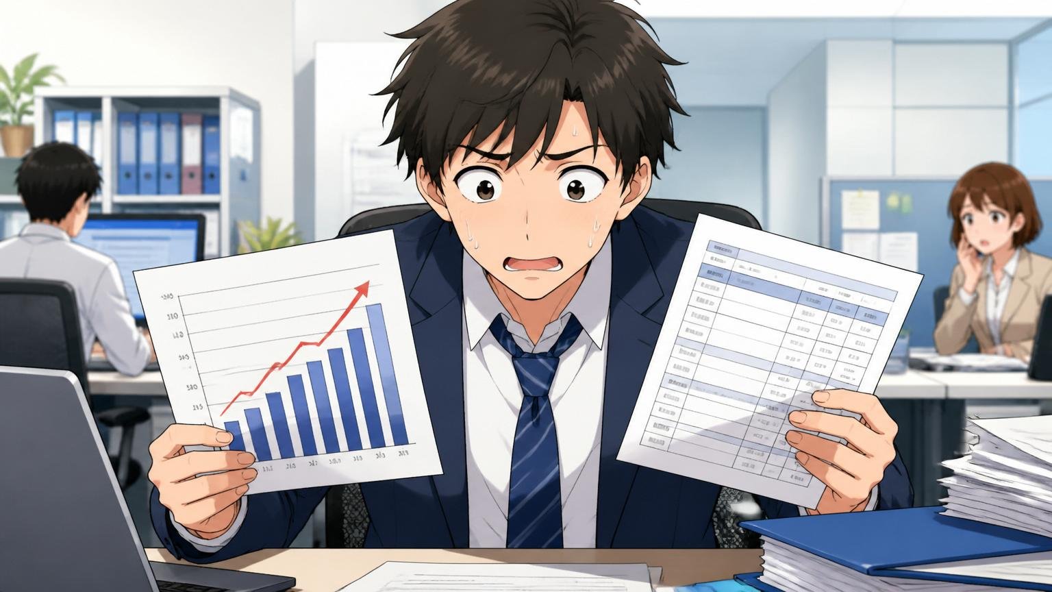 企業オフィスのデスクで会社の平均年収のグラフと自分の給与明細を交互に見比べて困惑する20代の若手男性社員