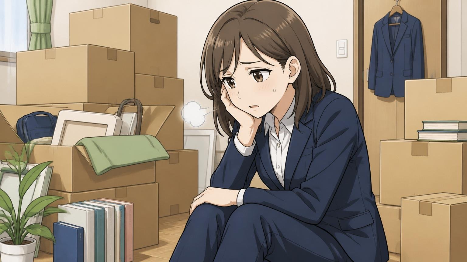 転勤と配属の不透明さ。引っ越し用の段ボールが積まれた部屋で20代女性社員が不安げにため息をつく
