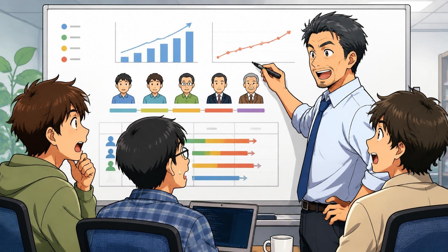 年代別・役職別で見る年収の目安。SIerの開発現場で40代男性が若手3人にホワイトボードで説明