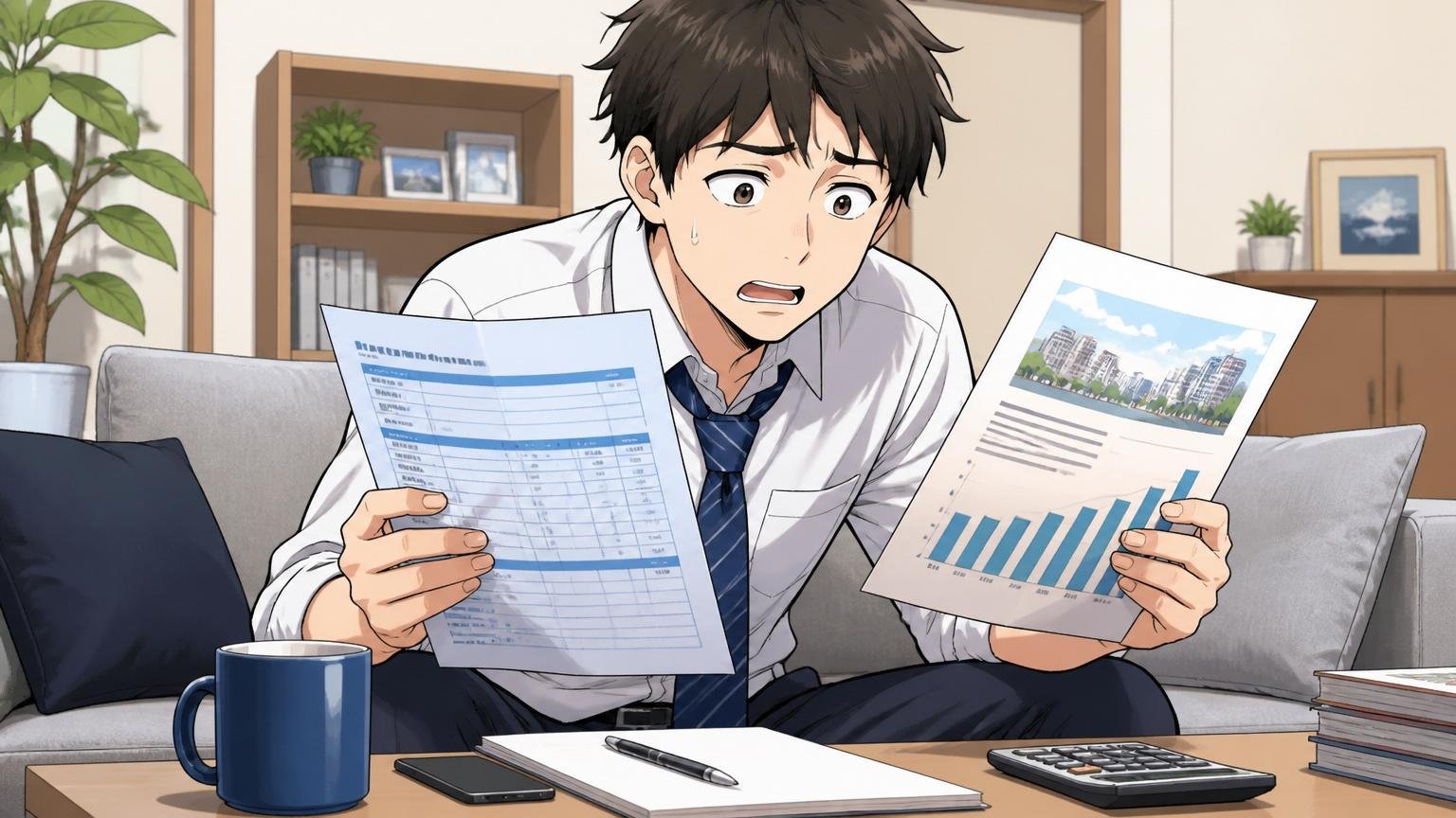 平均年収はあなたの実額ではない 年代別の年収目安 自宅のリビングで 20代の男性会社員が1人 給与明細と平均年収の記事を見比べて困惑する