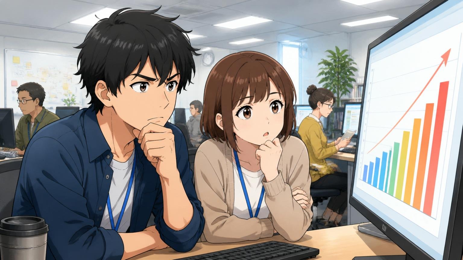 「年代別に見るあなたの年代の年収」SIerの執務スペースで年代別グラフを前に考え込む男女のエンジニア