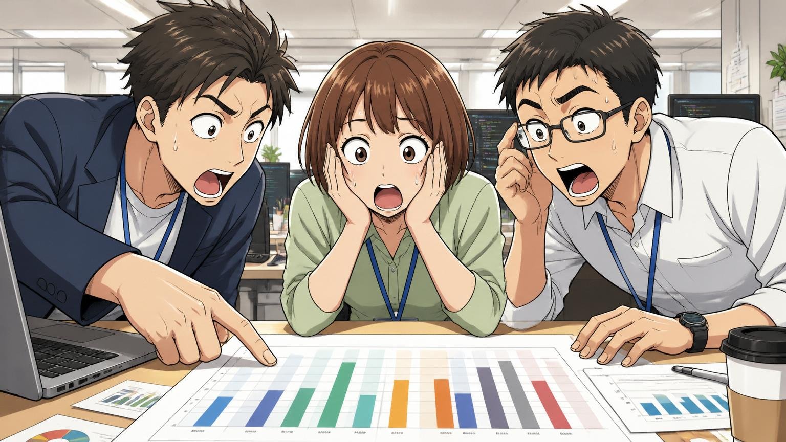 職種別に見るとリアルが見えてくる。IT企業のオフィスで3人の社員が年収グラフを囲んで驚いた表情