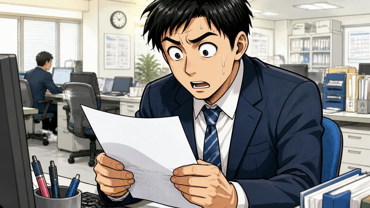 昇格試験を通るまで年収が伸びない。通信会社のオフィスで昇格試験の通知を見る30代男性社員1人