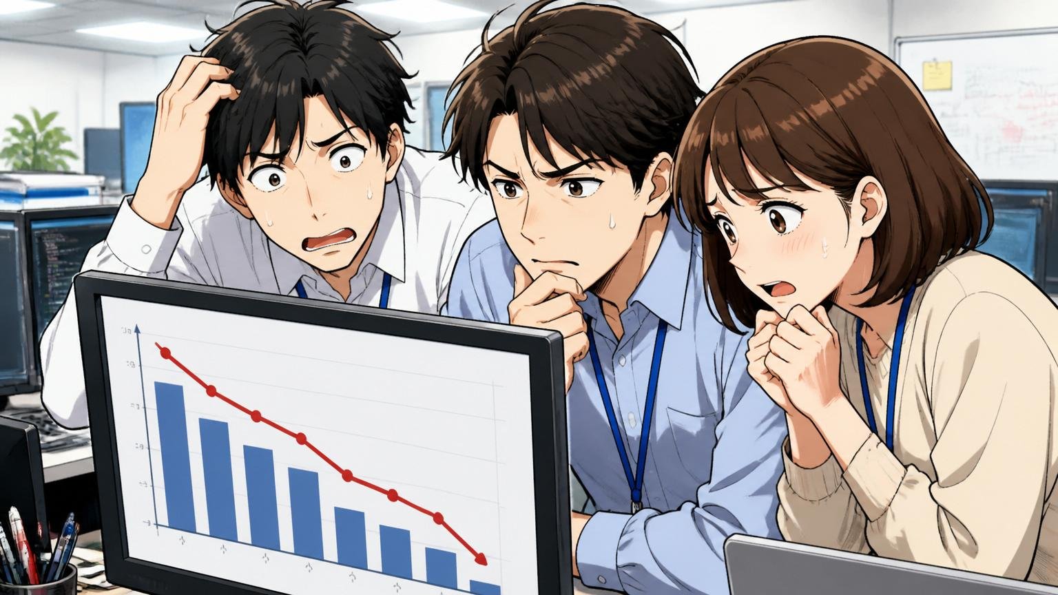 20〜30代の年収が上がりにくいカーブ|SIerの開発現場で年代別グラフを前に考え込む若手社員3人