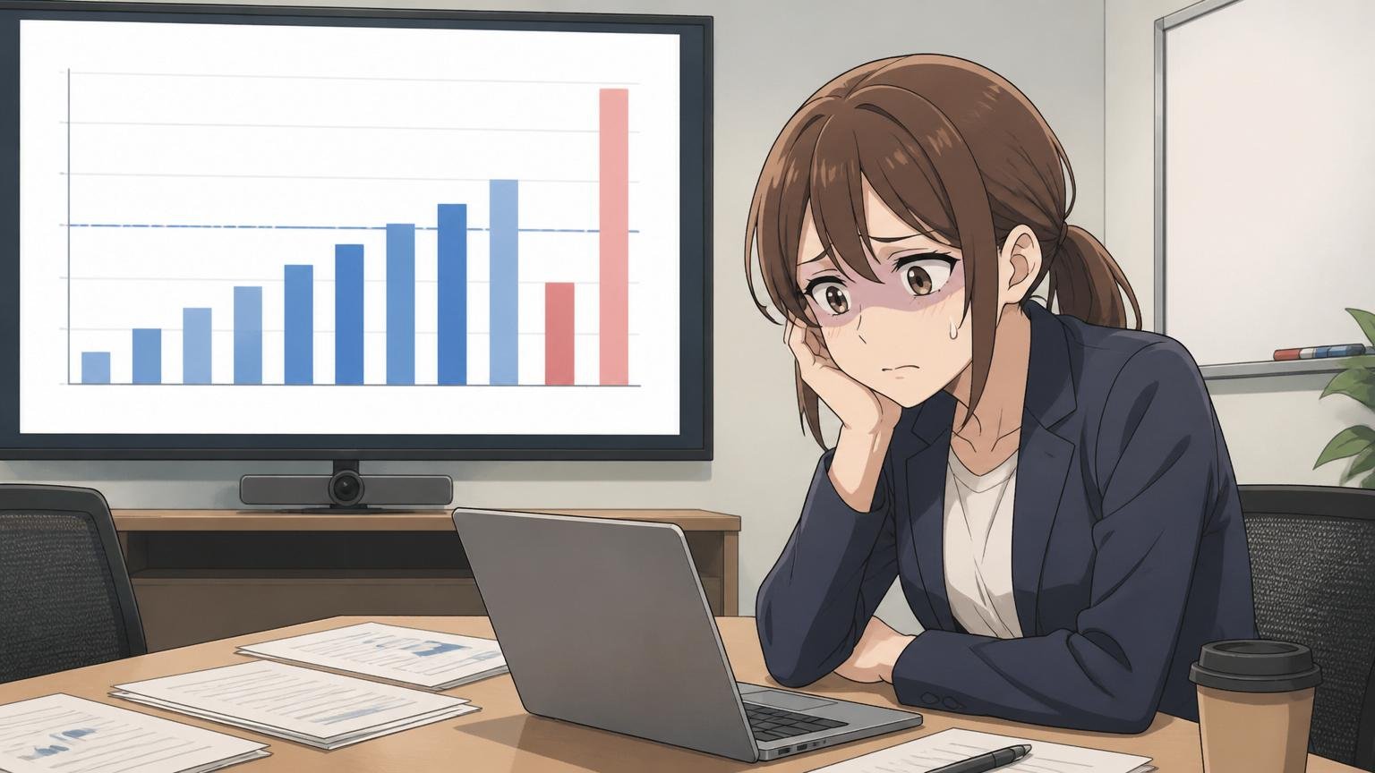 IT業界の平均年収と比べるとどうなのか。SIerの会議室で女性エンジニアがグラフを見て落胆した表情