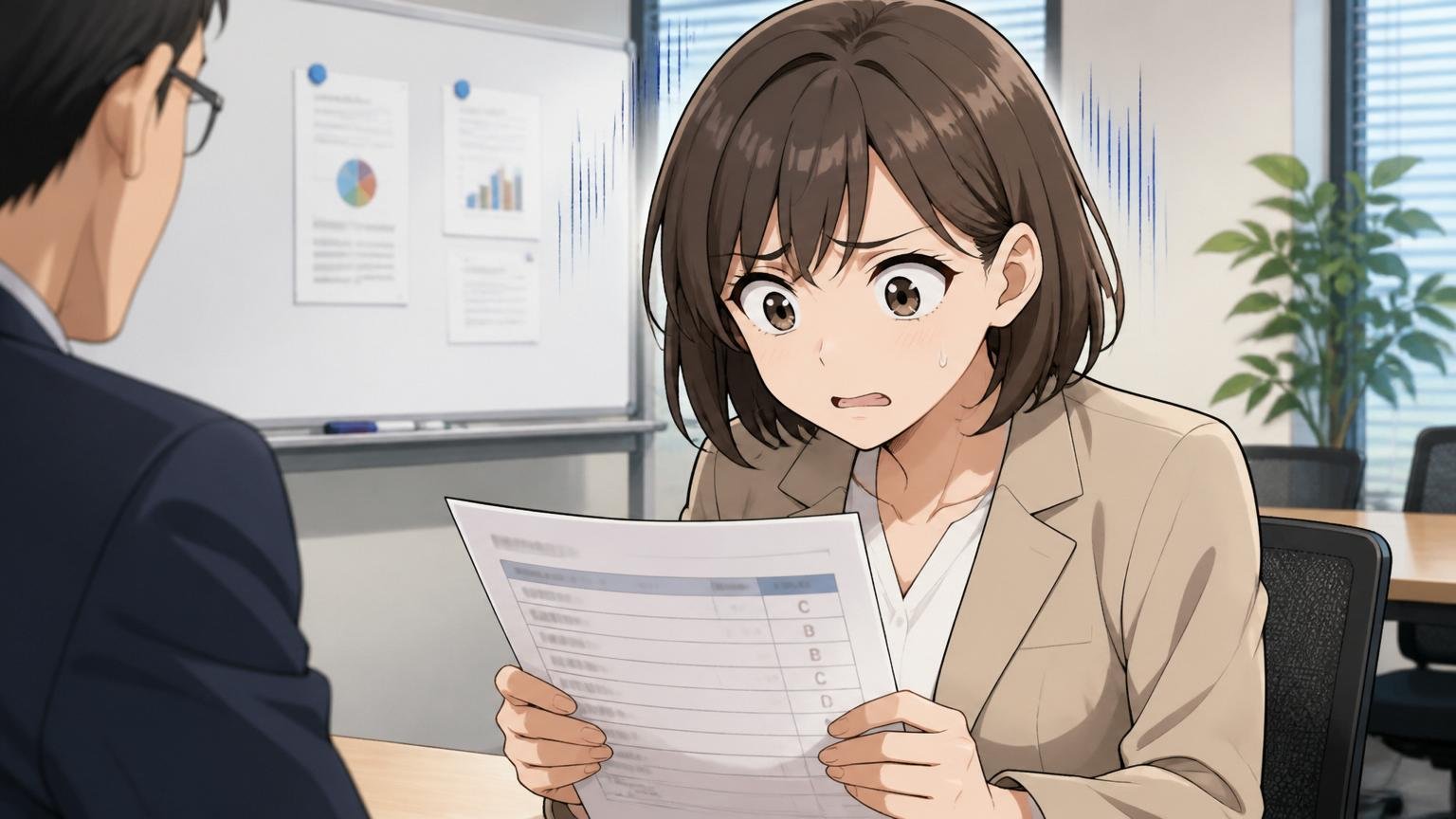 広告代理店の会議室で評価面談を受ける30代女性社員が困惑した表情で評価シートを見つめる場面