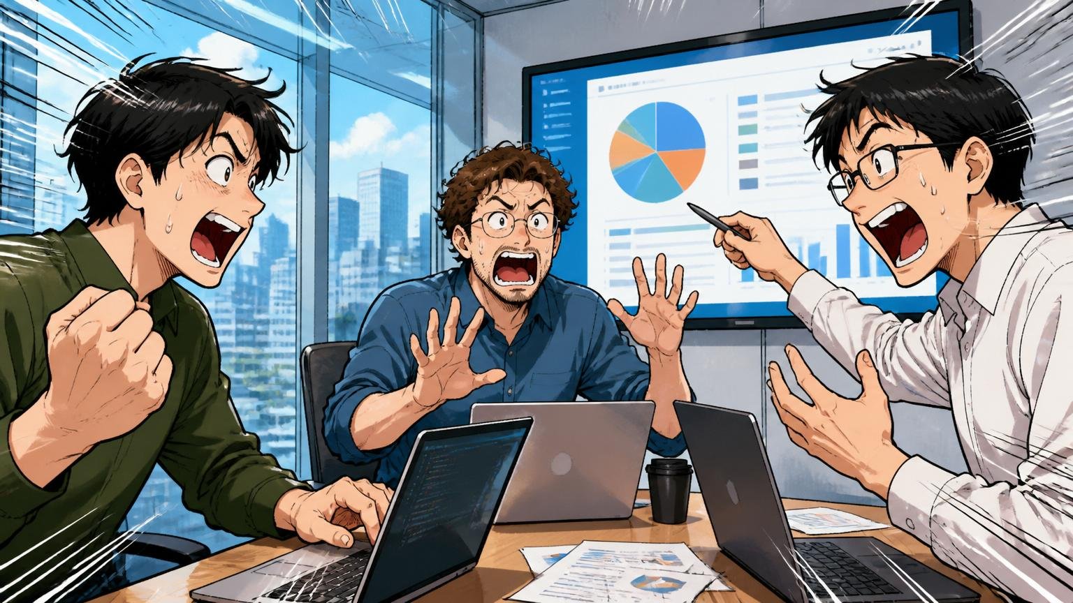 外資テック企業の東京オフィス。30代エンジニア3人がガラス張りの会議室で英語ミーティング。緊張と高揚をオーバーリアクションで表現