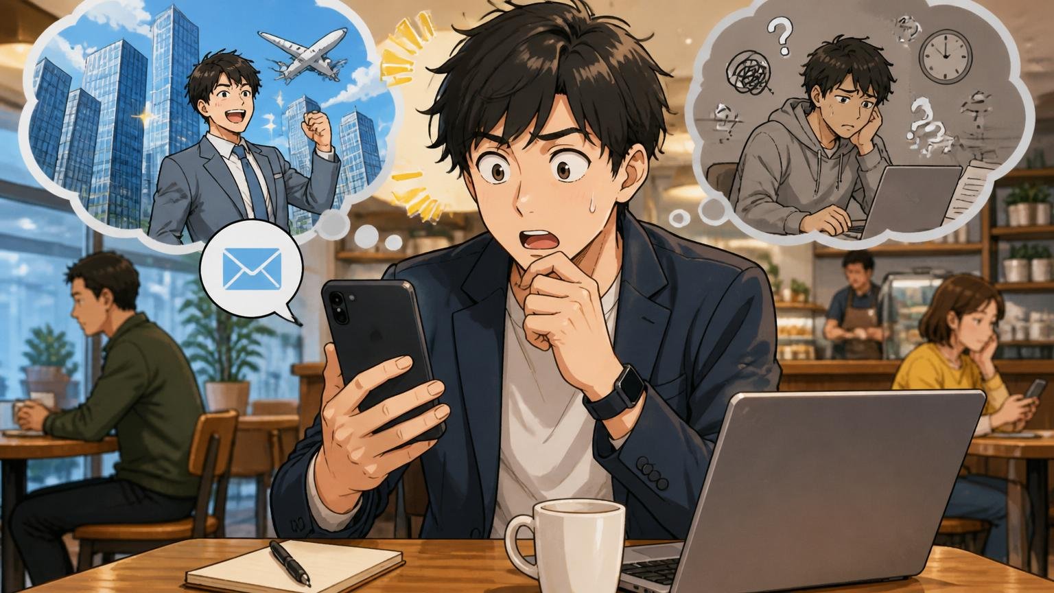 外資テック企業からのスカウトメールを受け取り驚く30代男性エンジニア、カフェで決断に悩む様子