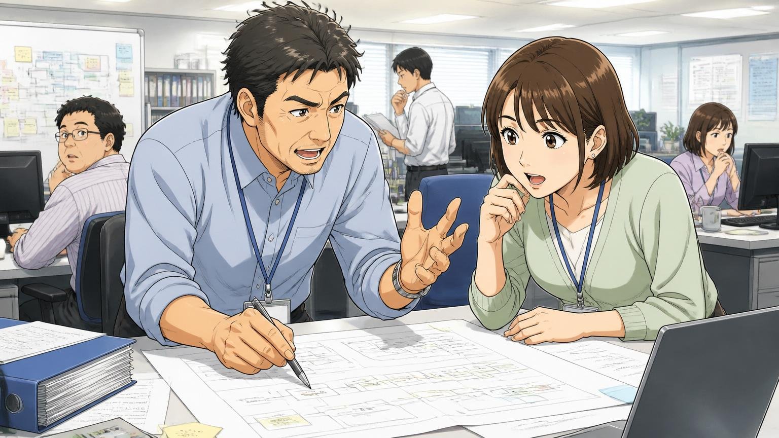 SIerの開発現場｜大手SIerの開発フロアで要件定義書を広げ顧客と議論する40代男性プロジェクトリーダーと30代女性エンジニア