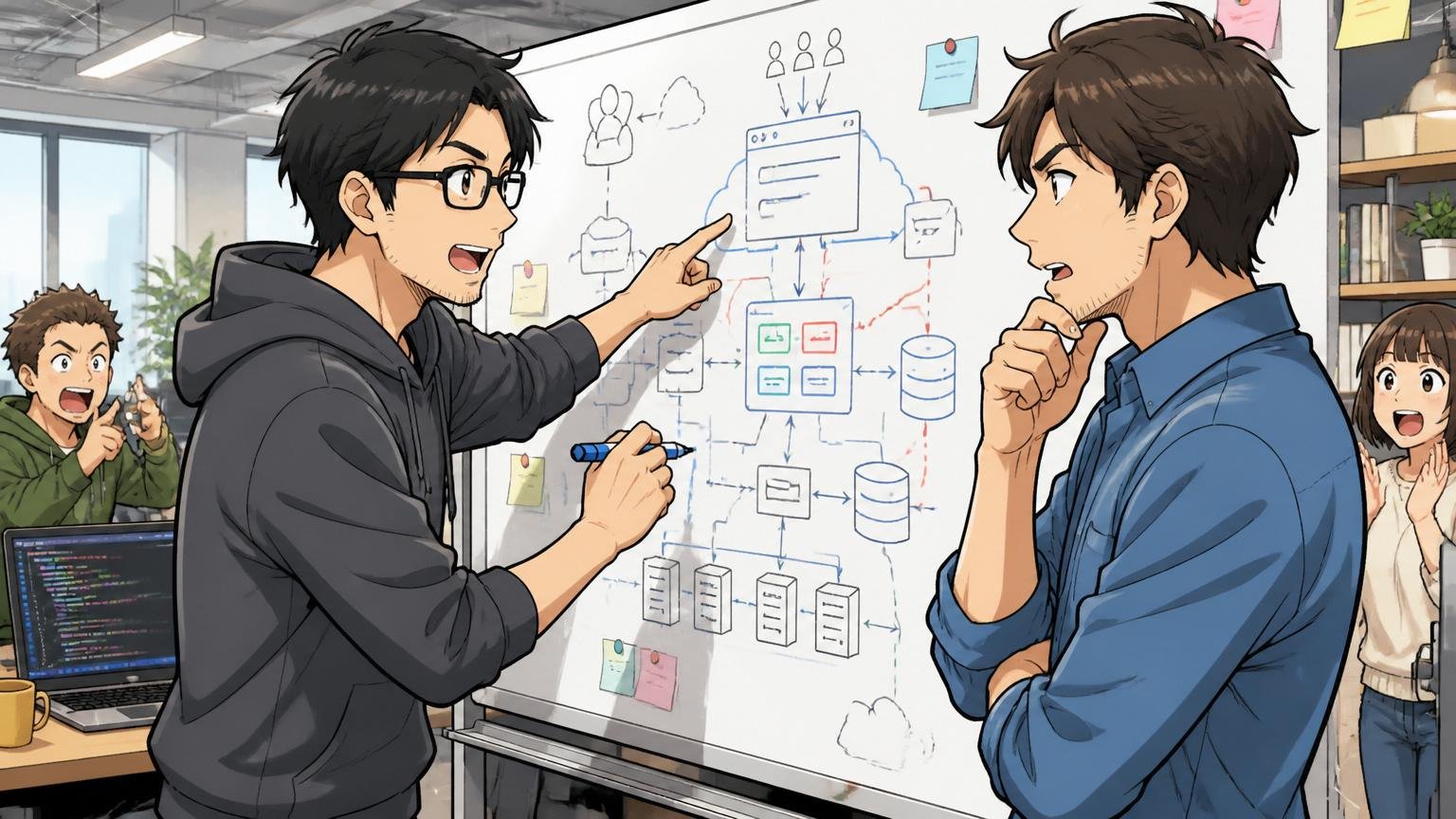 Web系スタートアップのオフィスでホワイトボードに技術設計を描く30代テックリード2人