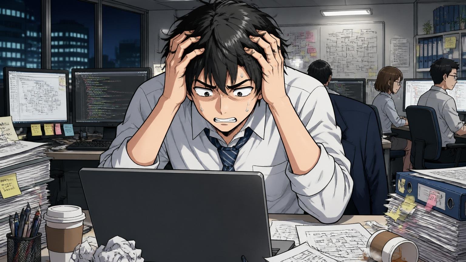 構造的な違和感に悩むSIerの執務室で30代男性SEが深夜にPCを前に頭を抱えるシーン