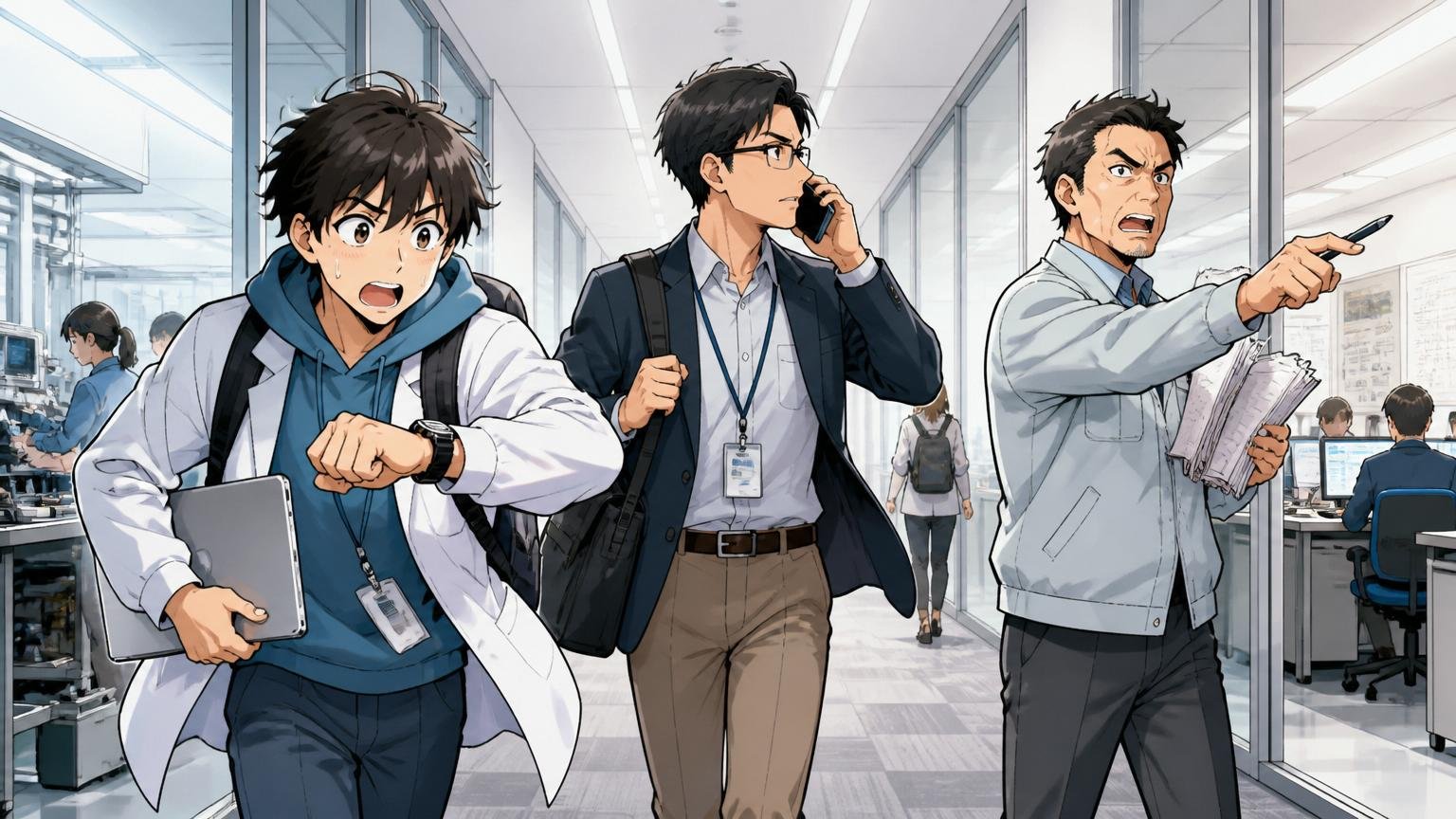 日立製作所の廊下で年代の違うエンジニア3人がすれ違うシーン、20代・30代・40代の働き方の違いを象徴