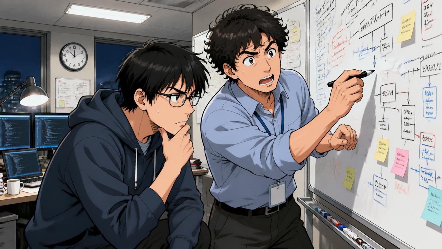 SIerの開発現場で深夜まで作業を続けるエンジニア2人。ホワイトボードに向き合い、課題解決に取り組む真剣な表情