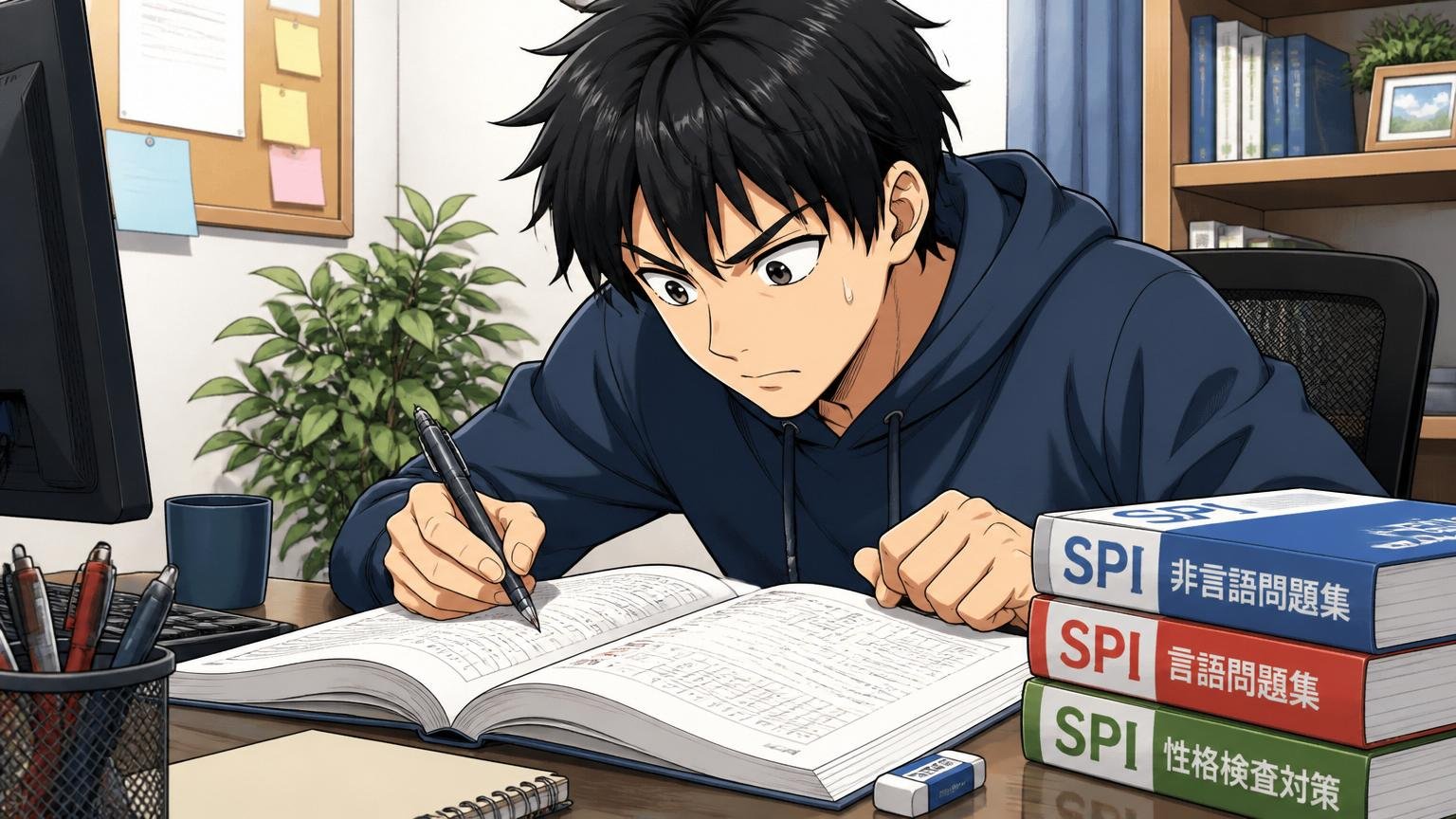 自宅のデスクで参考書を開きSPI対策に取り組むITエンジニア1名が集中した表情で問題を解く