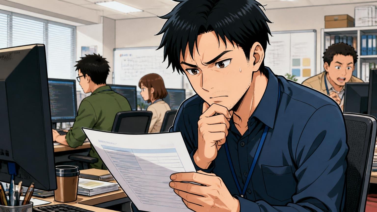 SIerの開発現場、30代男性社員1人がPCの前で評価制度の通知書を見ながら考え込む表情
