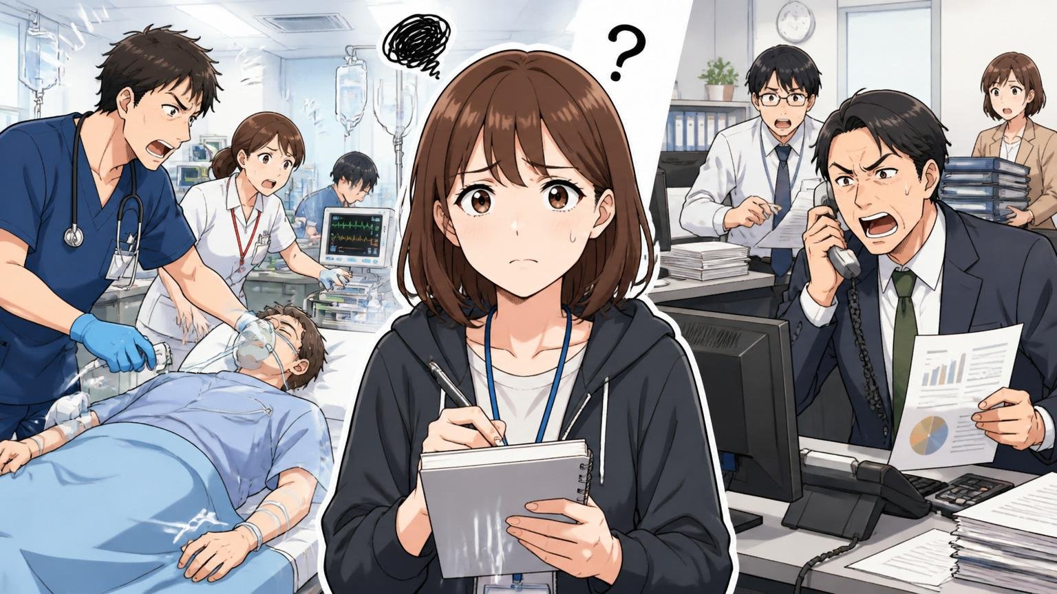 業務領域への理解不足、医療現場と金融オフィスを並べた場面で30代女性エンジニアがノートを取りながら困惑した表情
