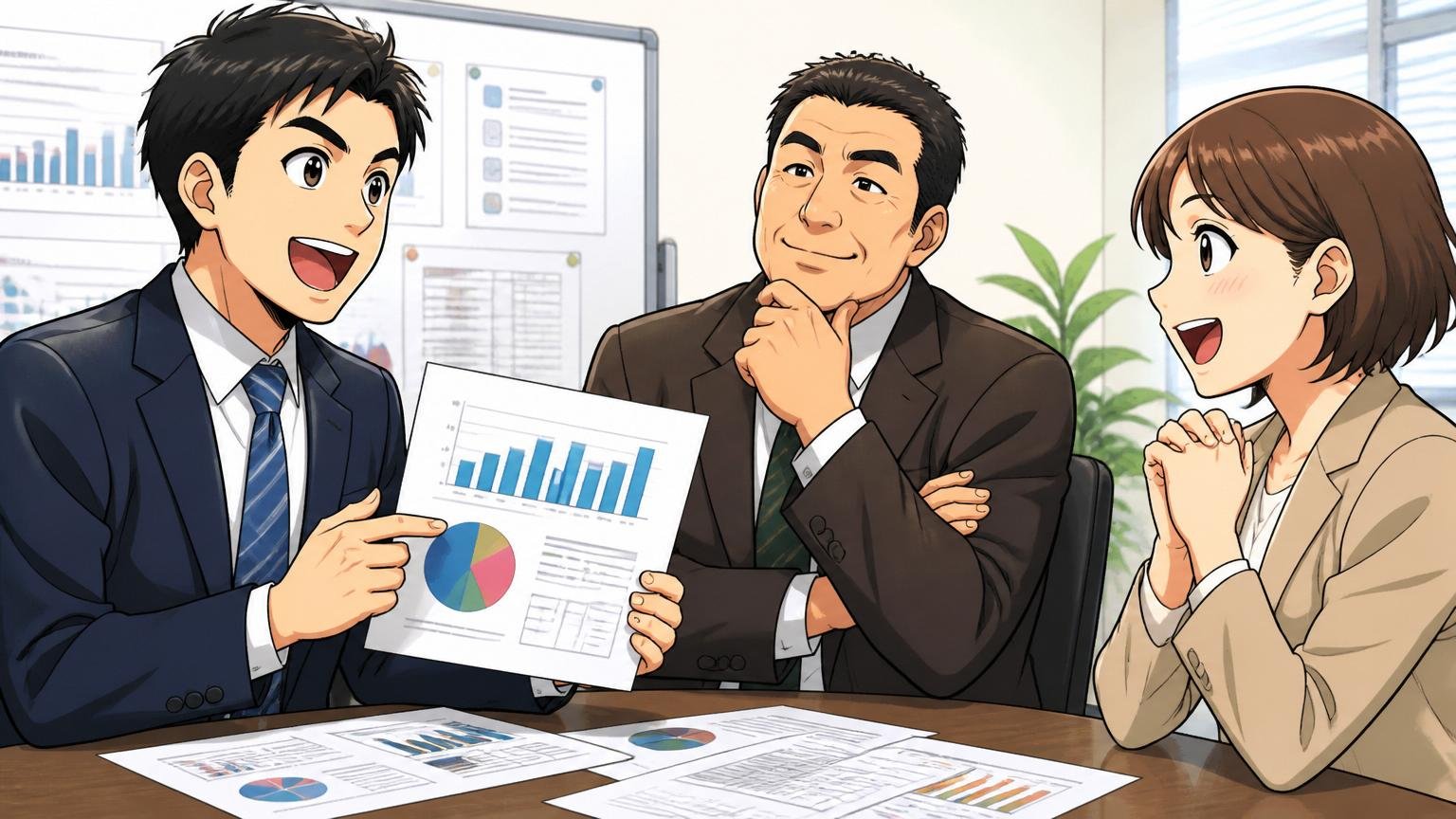 「悪い会社ではない」と言われる客観的根拠を整理する登場人物、企業の会議室で面接、3人、納得して頷く表情