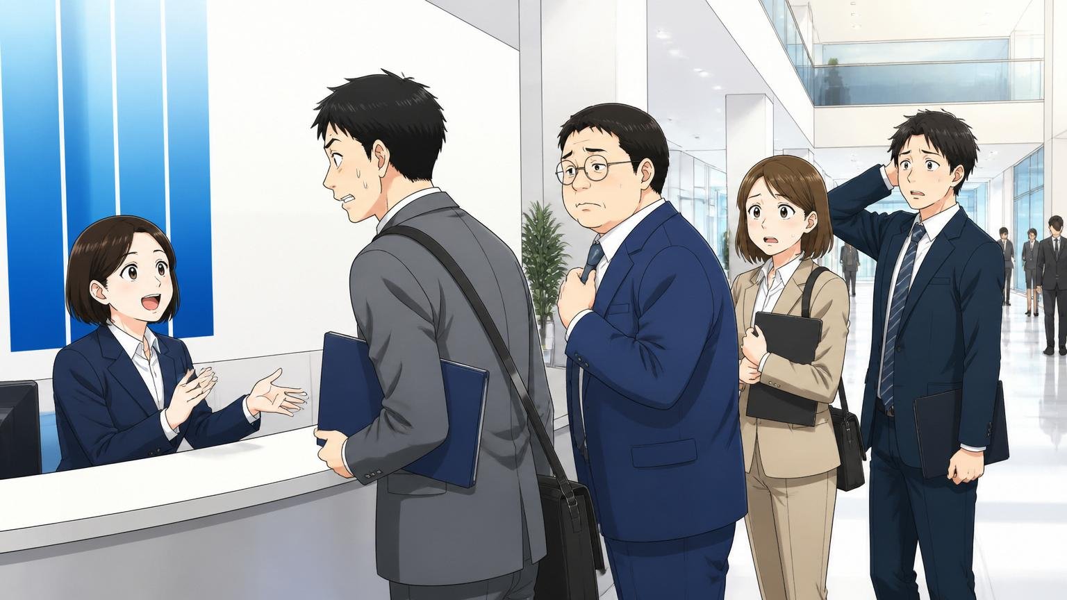 NTT西日本のような大手企業の採用エントランスで複数の中途応募者が受付に並ぶ場面