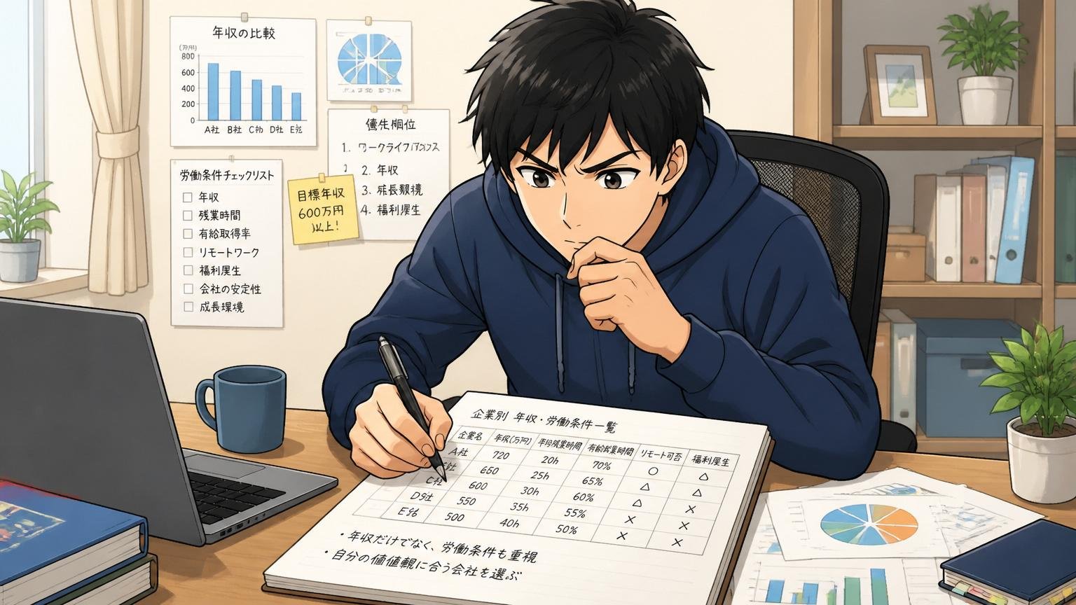 自宅のデスクで在宅勤務中の20代男性エンジニアが年収と労働条件のデータをノートに書き出しながら整理する