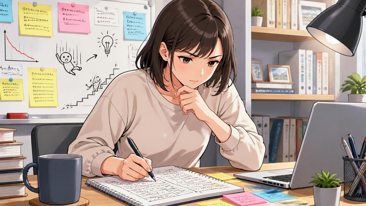 落ちた事実をどう学びに変換するか。自宅のデスクで30代女性エンジニア1人がノートに何かを書き出している