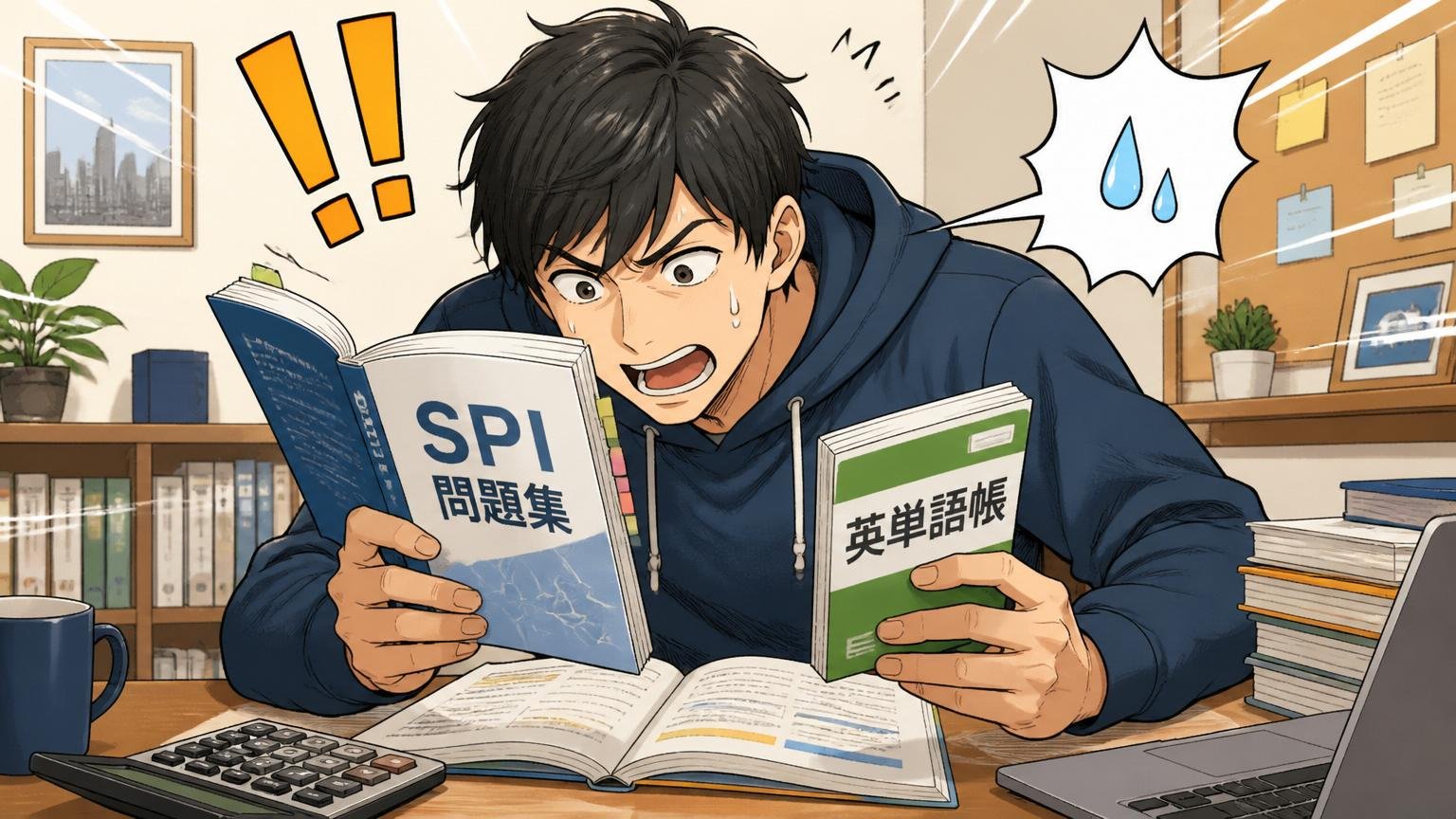 自宅のデスクで在宅勤務しながらSPI問題集と英単語帳を開く20代後半男性エンジニア1人と置かれた電卓