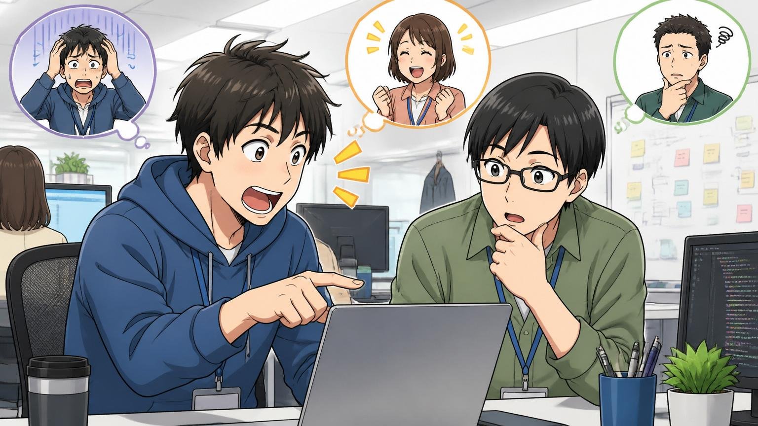 社員の本音を口コミから読み取る。SIerの開発現場でデスクに座るエンジニア2人が話し合う
