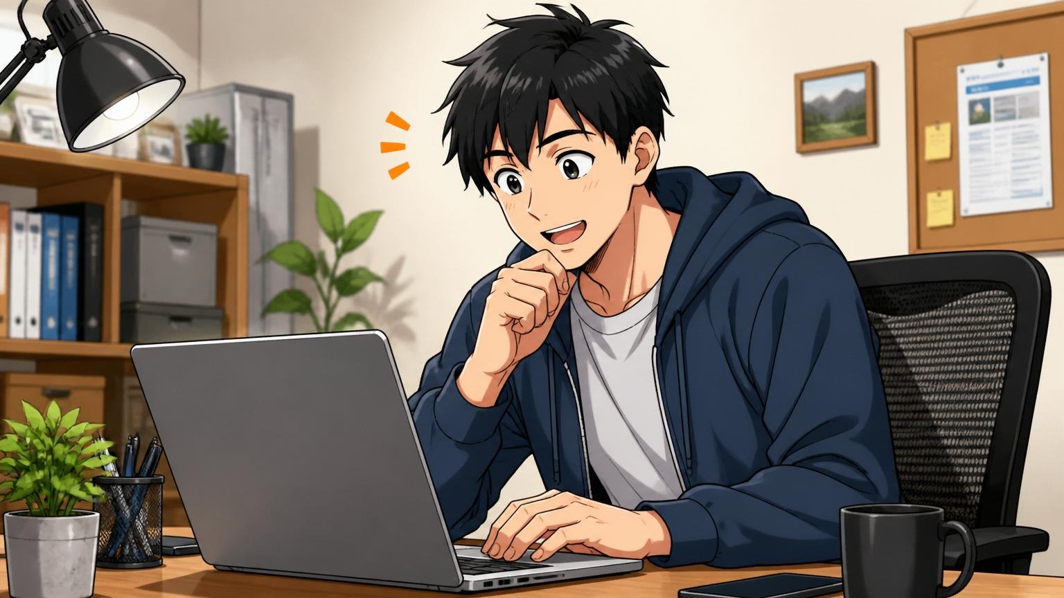 自宅のデスクで在宅勤務中の20代後半男性エンジニアが、就活情報サイトを見て少し表情が和らぐ瞬間