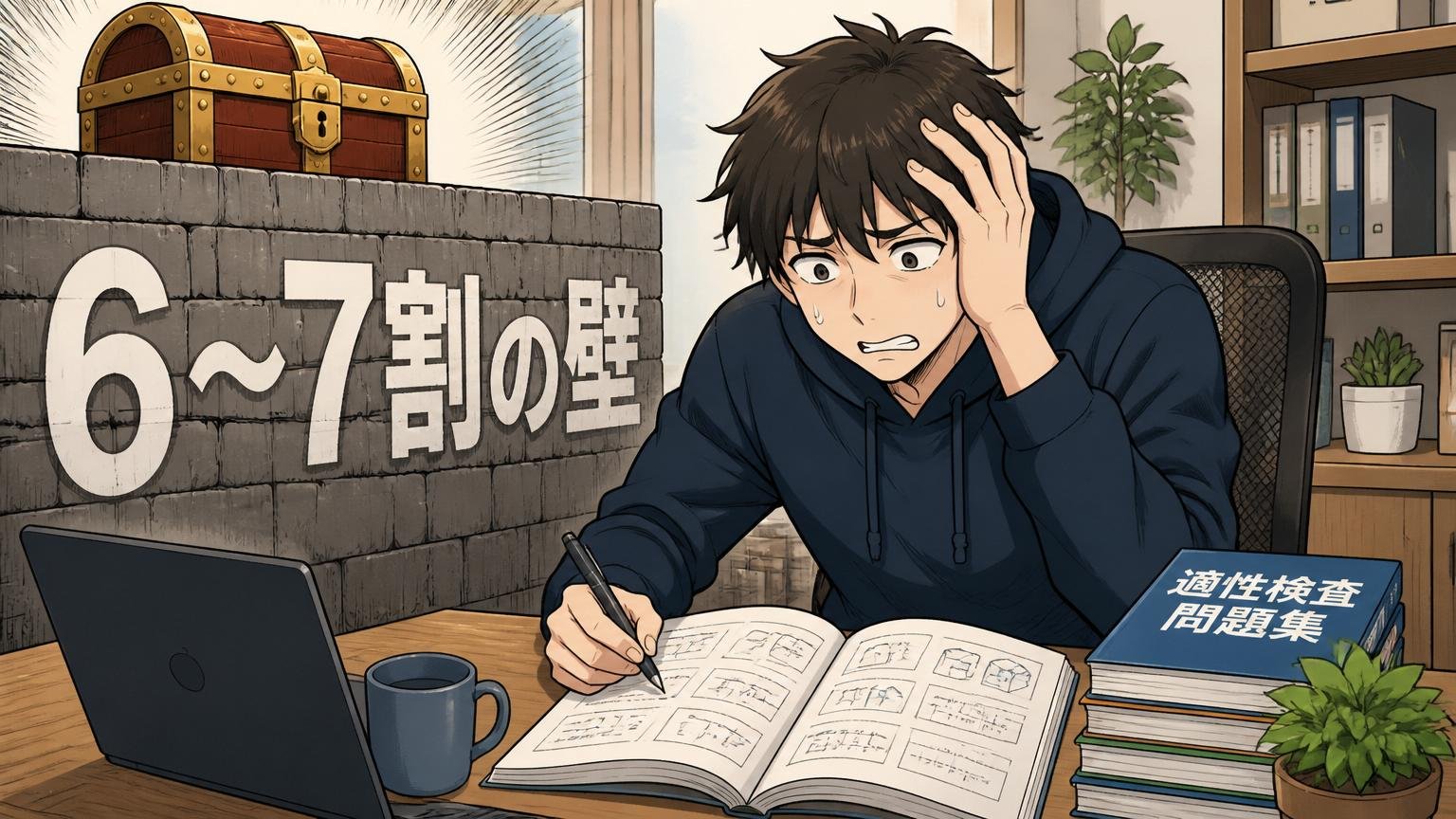 玉手箱ボーダー6〜7割という適性検査の壁。自宅のデスクで在宅勤務中の20代エンジニアが適性検査の問題集に向き合って苦戦している1人