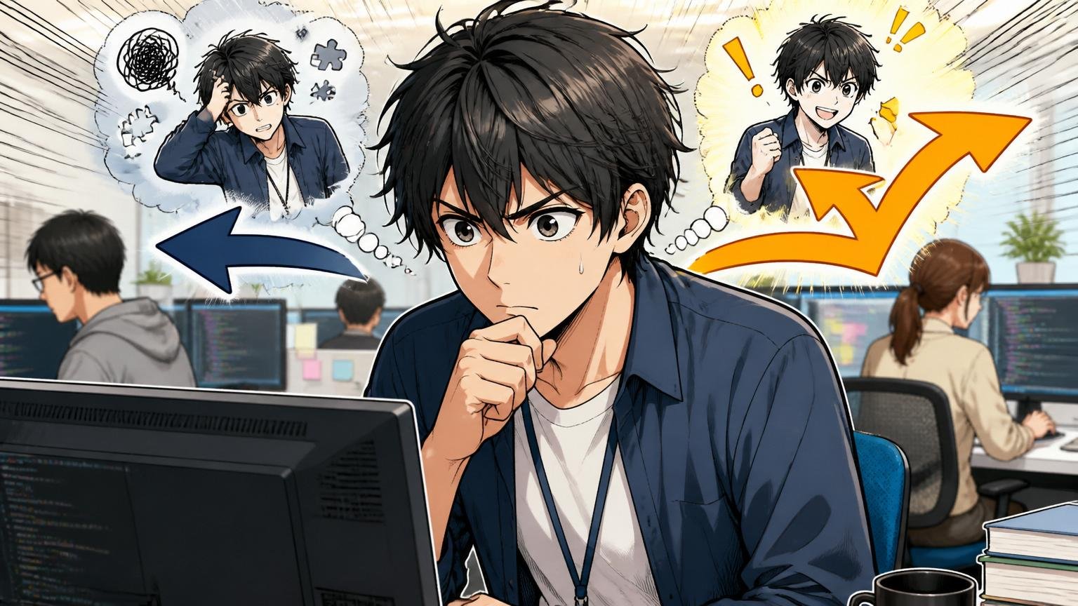 次にどう動くか方向を示してほしい SIerの開発現場でPCに向かうITエンジニア1人 迷いと前向きさが混在した表情