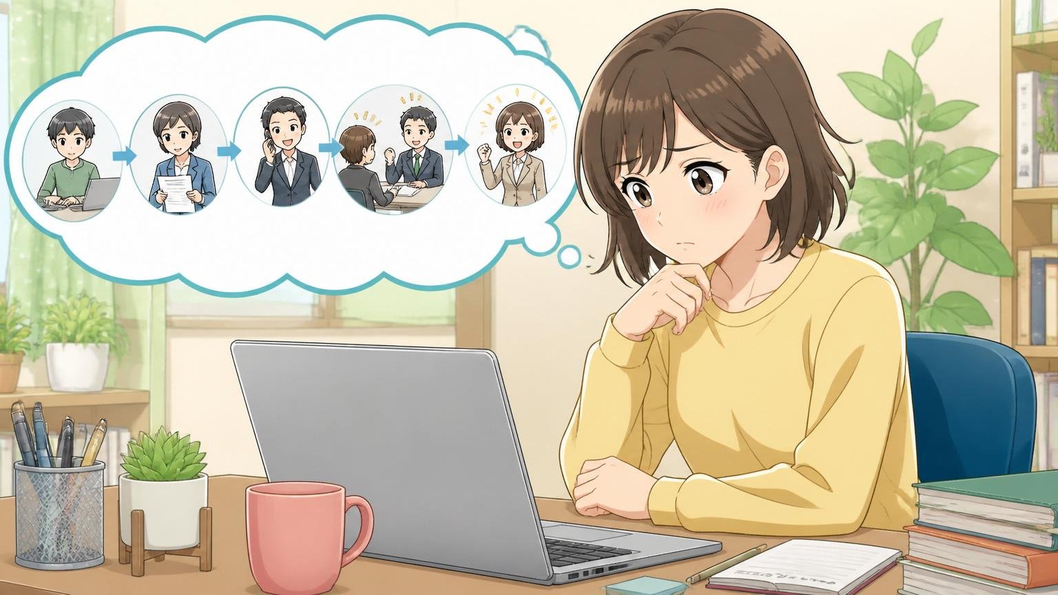 選考の流れを図で確認しながら振り返る転職活動中の女性、自宅のデスクで在宅勤務、1人が考え込む