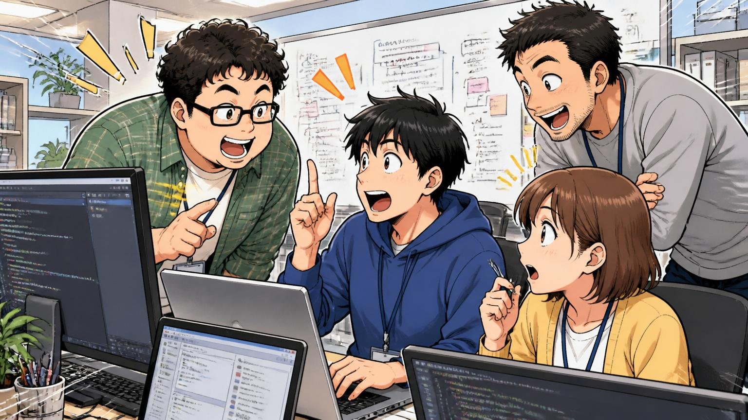 デバッグはコミュニケーションも重要、IT企業のQA現場で開発者と話しながら検証するテスター数名