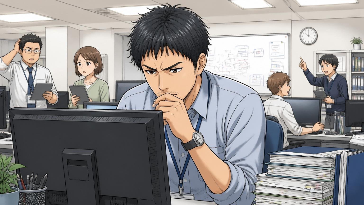 テストの基礎知識と論理的思考のアピール不足。SIerの開発現場で30代男性が真剣にパソコン画面を見る場面