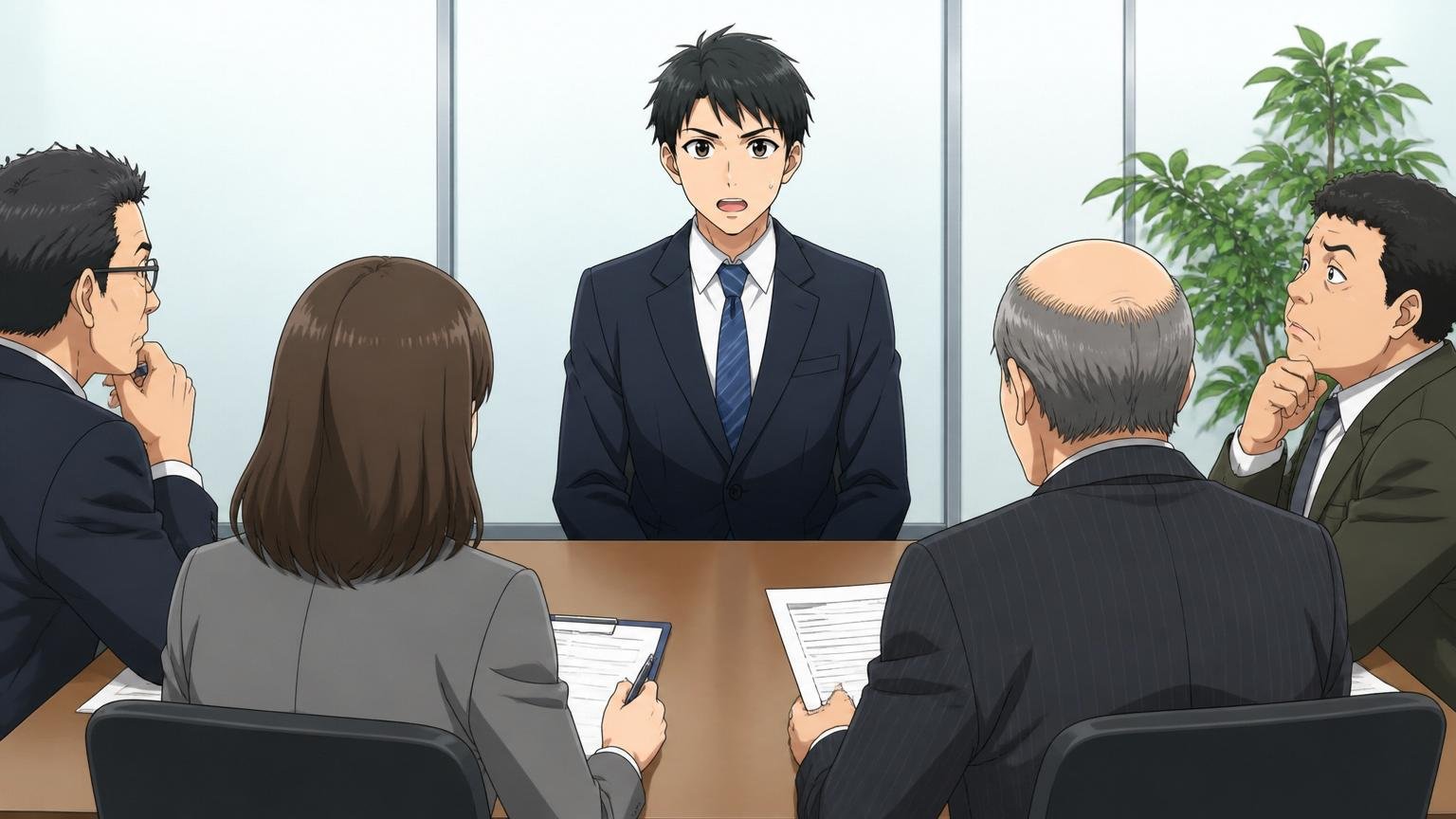 企業の会議室で複数の面接官を前に緊張しながら話す20代後半の男性、背筋を伸ばした表情