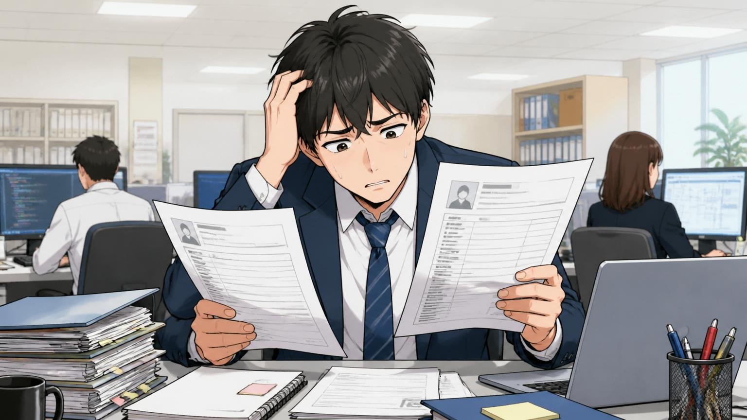 職務経歴の棚卸し不足。SIerのオフィスで職務経歴書を見比べ困り顔で悩む30代男性エンジニア1人