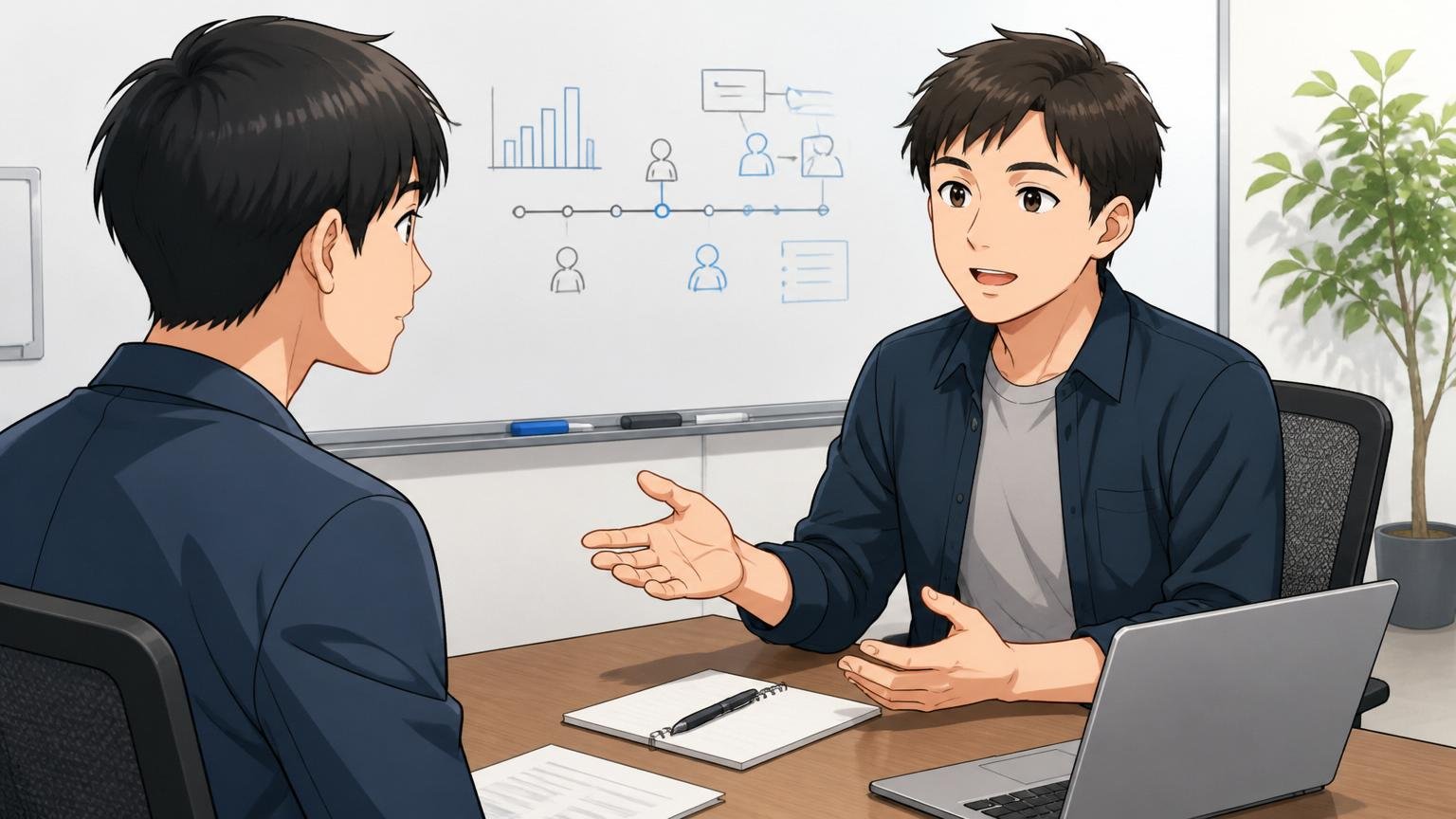 採用枠やタイミングの巡り合わせを説明する先輩エンジニア、企業の会議室で面談、2人、落ち着いた表情